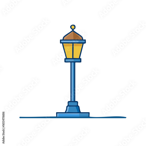 Classic outdoor street lamp post with a glowing lantern flat cartoon vector icon illustration