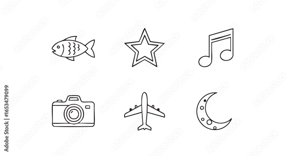 Fototapeta premium Creative Doodles of Fish, Stars, Music, Camera, Airplane, and Moon in Fun Illustrations for Arts and Crafts Projects