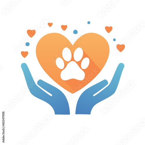 Hands supporting a heart containing a paw print embodying pet care and compassion