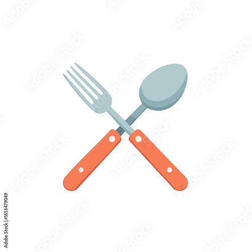 Crossed blue fork and spoon with orange handles creating an X shape for dining concepts