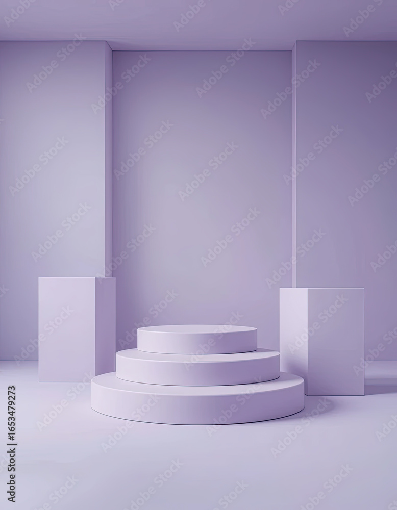 Fototapeta premium Modern pastel purple 3D podium stage with minimal geometric blocks and clean abstract background for product showcase, branding mockup, cosmetic template, and creative graphic resource design 