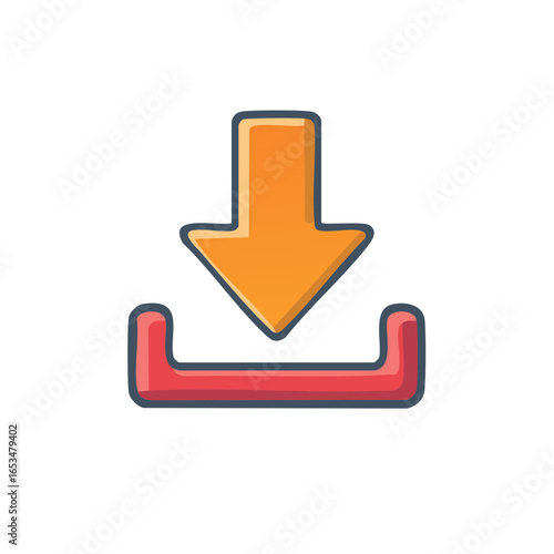 Bold orange arrow pointing downwards into a red container symbol for digital download