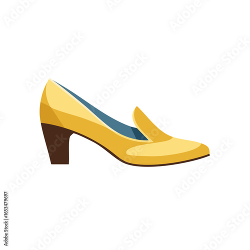 Illustration of a yellow ladies' pump shoe with a brown heel, isolated on white background