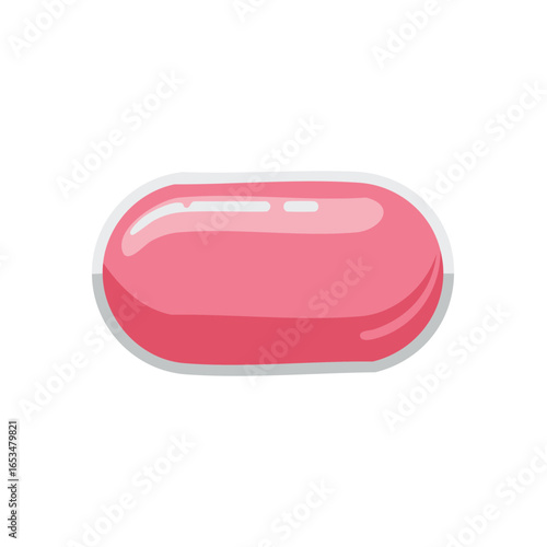 Illustration of a single pink pill with white rim, medication for healthcare or pharmaceutical use