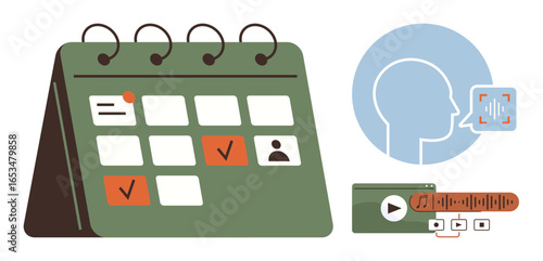 Calendar with tasks and reminders, user profile icon, voice recognition, media playback controls. Ideal for planning, reminders, AI, organization workflow digital tools productivity boost. A