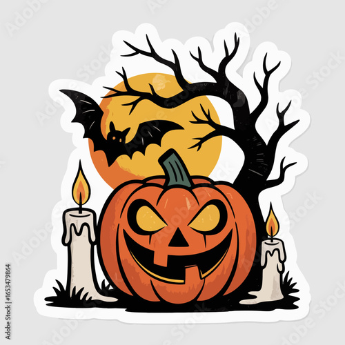 Halloween pumpkin with candles, bat and tree in front of the moon isolated on white background