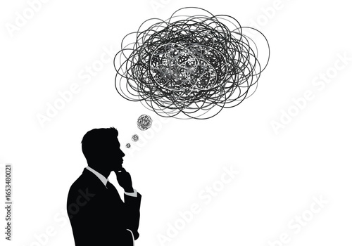 Businessman Reflecting on Complex Thoughts Amidst Chaos in Abstract Illustration