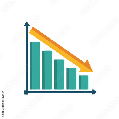 Downwards trend chart with teal bars and a prominent orange arrow indicating a decline