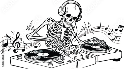 A skeletal figure, wearing headphones, mixes music on turntables, surrounded by musical notes.