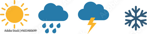 Weather Icons Sunny Day, Rainy Clouds, Thunderstorm, and Snowflake Symbolizing Different Climate Conditions for Forecasting and Meteorology