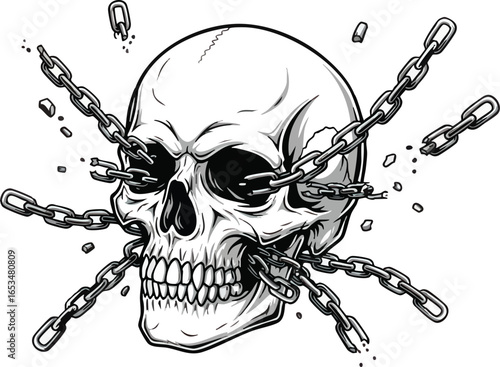 A detailed illustration of a human skull entangled and bound by multiple chains.