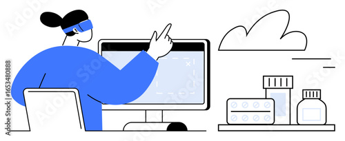 Doctor wearing smart device interacting with screen beside medications and supplements. Ideal for telehealth, virtual care, online pharmacy, e-prescription, digital health, innovation, simple landing