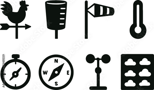 Collection of Weather Icons Thermometer, Compass, Wind Sock, Rain Gauge, Anemometer, Weathervane, and Cloud Symbols for Meteorology and Forecasting.
