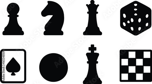 Collection of silhouette icons representing various board game pieces, playing cards, and dice, symbolizing strategy, chance, and leisure activities.