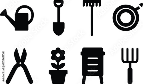 A Collection of Garden Tools and Supplies Watering Can, Shovel, Rake, Hose, Pruning Shears, Potted Flower, Beehive, and Fork