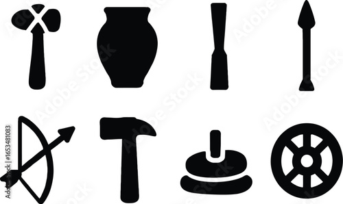 A collection of primitive tools and artifacts including a hammer, axe, pottery, bow and arrow, and a wheel, symbolizing ancient craftsmanship and early technology.