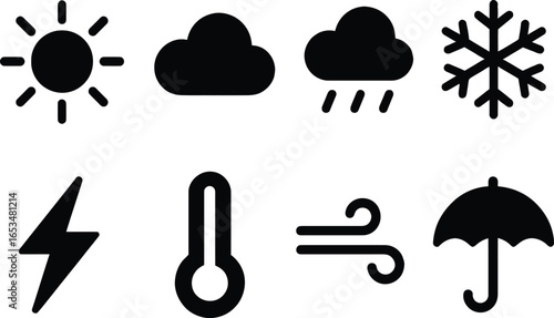 Weather forecast icons showing sun, clouds, rain, snow, lightning, thermometer, wind, and umbrella, representing different meteorological conditions.