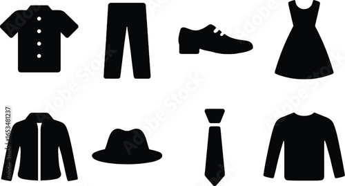 Collection of Black Silhouette Icons Representing Various Clothing Items and Accessories for Men and Women, Including Shirts, Trousers, Shoes, Dresses, Jackets, Hats, and Ties