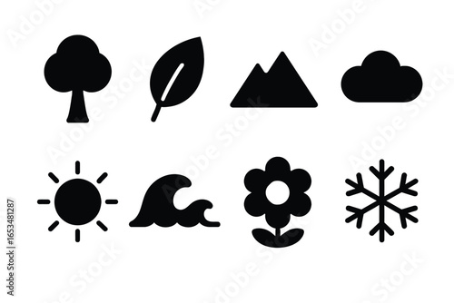 Nature Icons - A Collection of Simple, Stylized Symbols Representing Elements of the Natural World, Including Trees, Leaves, Mountains, Clouds, Sun, Waves, Flowers, and Snowflakes.