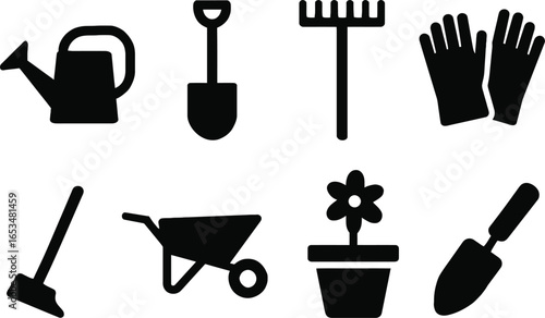 Gardening Tools Icons Set Watering Can, Shovel, Rake, Gloves, Wheelbarrow, Flowerpot, Trowel, and Hoe - Essential Equipment for Planting, Cultivating, and Maintaining Your Garden
