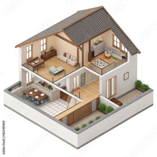 Detailed isometric cutaway view of a modern two story house interior furnished isolated on transparent background