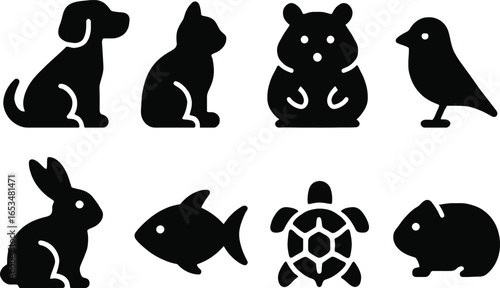 Collection of cute pet animal icons, representing various domestic animals like dogs, cats, rabbits, birds, fish, hamsters, turtles, and guinea pigs