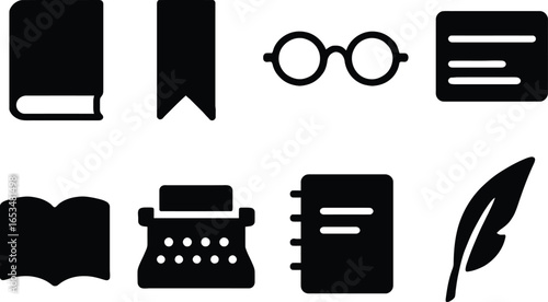 Collection of Vintage and Modern Writing and Reading Icons Books, Typewriter, Glasses, Bookmark, Notes, and Quill Pen