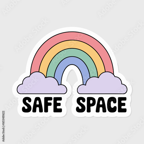 Rainbow with safe space text, isolated on white background sticker illustration for lgbt pride, support, and equality symbol of love, peace, and inclusivity in a colorful design