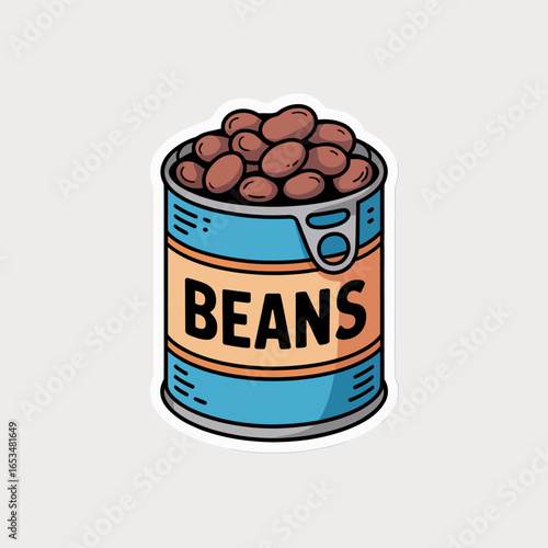 Canned beans sticker, isolated on white background illustration of a tin can with a label, a grocery product for cooking and eating simple design for food and kitchen themes