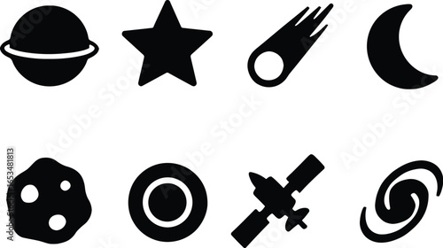 Cosmic Icons A Collection of Celestial Symbols Including Planets, Stars, Comets, Moons, Asteroids, Black Holes, Satellites, and Galaxies – Vector Illustrations