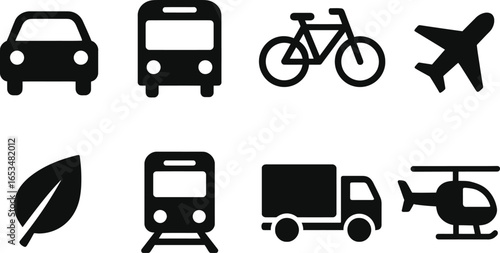 Collection of transportation icons including cars, buses, bicycles, airplanes, trains, trucks, helicopters, and a leaf symbol, representing various modes of travel and eco-friendly transport options.
