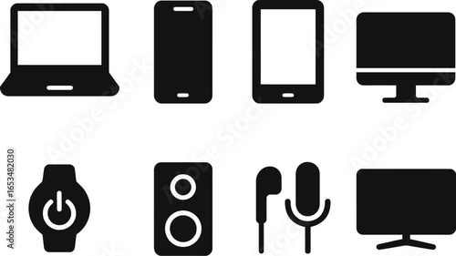 Collection of electronic devices and gadgets including laptops, smartphones, tablets, smartwatches, speakers, microphones, and monitors, representing modern technology and communication.