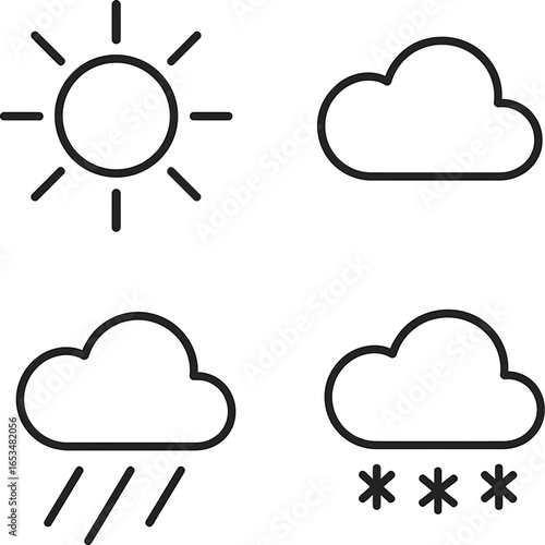 Collection of weather icons showing sun, clouds, rain, and snow, representing diverse meteorological conditions for forecasting and environmental data visualization.