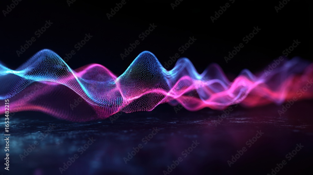 Fototapeta premium Vibrant neon sound wave visualization with reflective surface and dark background