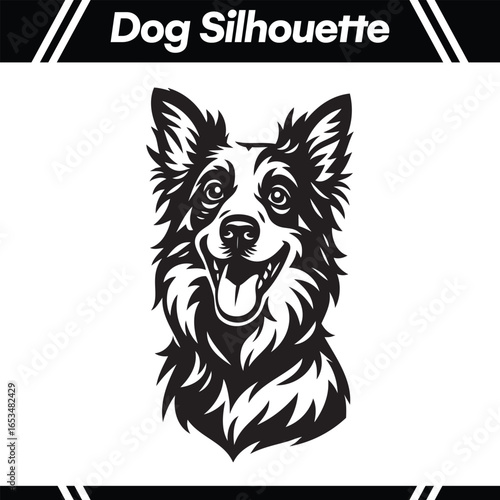 A detailed black and white vector portrait of a happy Border Collie dog head.