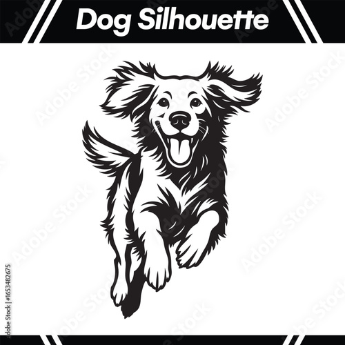 A black and white illustration of a happy, energetic dog running with its tongue out and ears flopping.