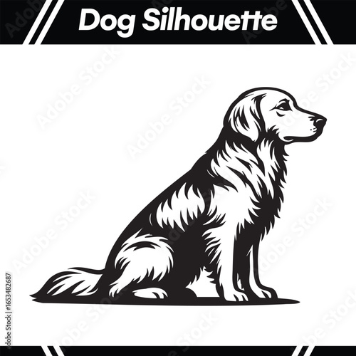 Detailed black and white silhouette illustration of a sitting Golden Retriever dog in profile, showcasing its fur texture and elegant form.