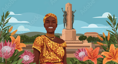 A Joyful Woman in Traditional Attire Standing Proudly in Front of a Monument, Surrounded by Vibrant Flowers
