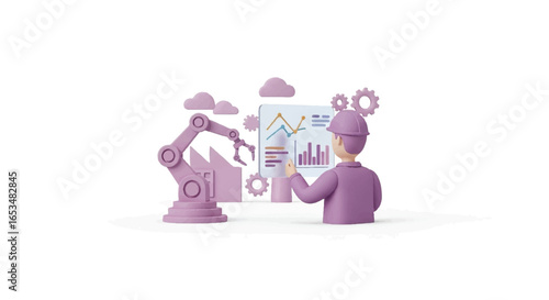 3D Render of Engineer Analyzing Data with Robotic Arm and Factory.