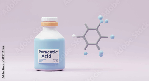3D Render of Peracetic Acid Bottle with Molecular Structure Isolated.