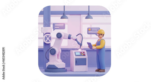 3D Render of Robotic Arm Welding with a Worker Supervising the Process.