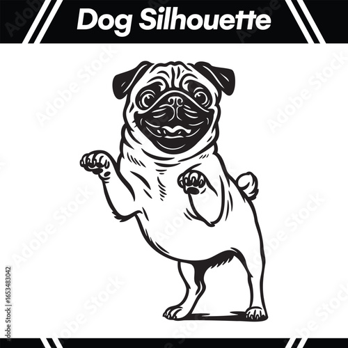 Smiling Pug Silhouette Vector Illustration.