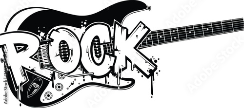 A black and white electric guitar with the word "ROCK" in a stylized, graffiti-like font across the body.