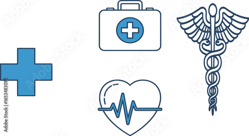 Set of medical icons including a blue cross, first aid kit, electrocardiogram (ECG) line with a heart, and the Caduceus symbol, representing healthcare and medicine.