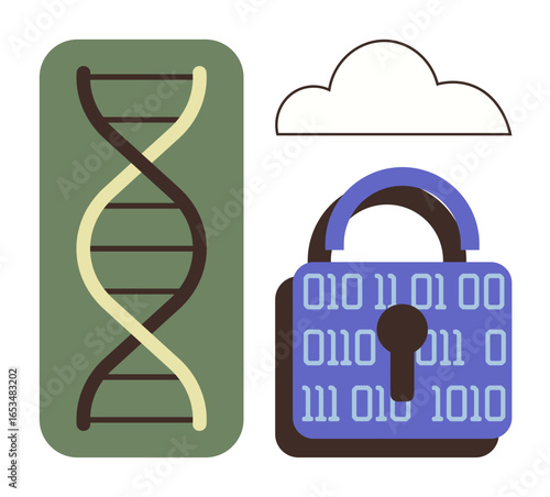 DNA strand, cloud, and lock with binary code represent genetic data protection, cloud storage security, encryption, privacy, biotechnology, cybersecurity, healthcare advancements simple flat