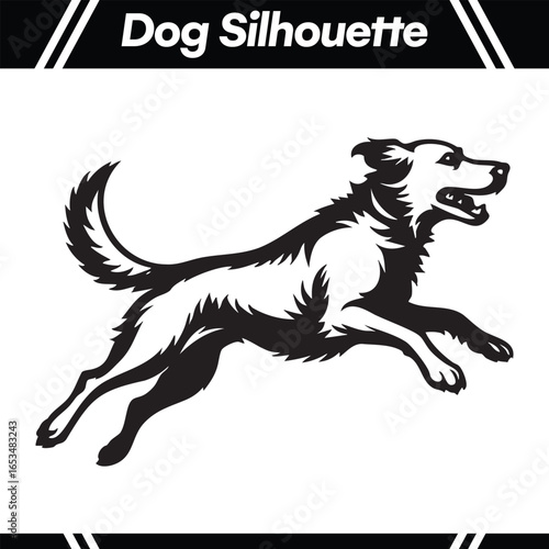 Dynamic black and white silhouette of a happy dog running or jumping with energy and a wagging tail.