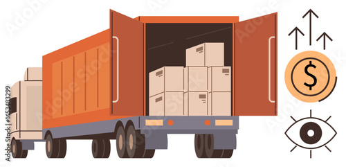 Large truck loaded with packed boxes surrounded by icons for money, growth, and tracking. Ideal for logistics, supply chain, e-commerce, optimization, management trade efficiency. Simple flat