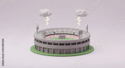3D Rendered Stadium with Lightning and Cloudy Weather Illustration.