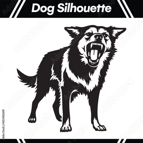 Black and white silhouette of a barking dog, showing aggression.