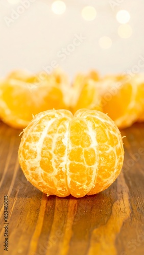 Close-up of a peeled tangerine on a wooden surface
